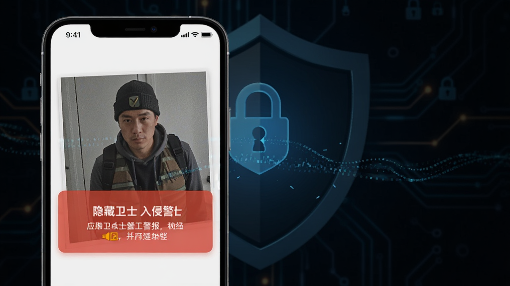 一张展示应用隐藏卫士入侵警报功能的示意图,画面中手机屏幕显示一张抓拍照片和警报提示文字,背景为深色安全主题,风格写实科技感,细节清晰,画质干净,无多余元素