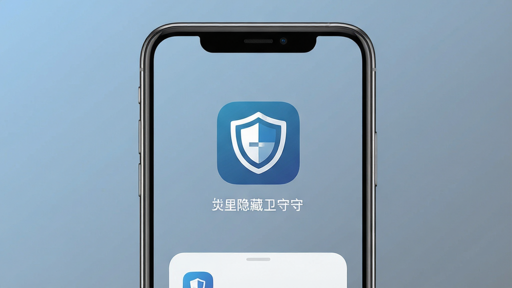 一张手机屏幕展示应用隐藏卫士主界面的预览图,画面中央是手机正视图,屏幕上显示应用隐藏卫士的图标和简洁的界面布局,背景为柔和的蓝灰渐变色调,风格科技简约,细节清晰,画质干净,无多余元素