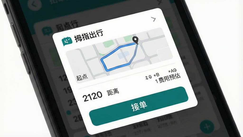 一张展示拇指出行司机端订单推送弹窗界面的图片,画面主体为手机屏幕特写,屏幕中央弹出订单卡片,卡片上显示起点终点路线示意图与“拇指出行”字样,布局为上下结构,风格简洁现代,细节包括距离数值、费用预估、接单按钮,背景为深色半透明遮罩,画质清晰,干净,无多余元素