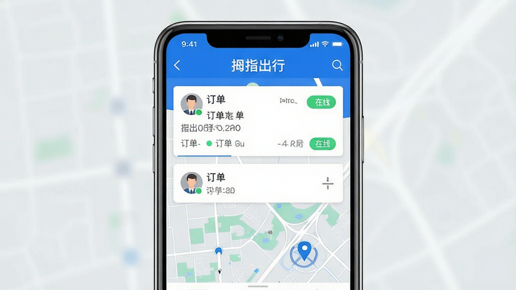 一张手机屏幕展示拇指出行司机端主界面的图片,画面中央是手机正视图,屏幕内显示订单列表与地图导航区域,布局简洁清晰,上方有“拇指出行”文字标识,整体采用蓝白配色风格,细节包括订单卡片、司机头像、在线状态按钮,背景为浅灰色纯色,画质清晰,干净,无多余元素