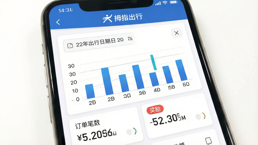 一张展示拇指出行司机端收益统计页面的图片,画面为手机屏幕正面视图,屏幕内显示柱状图与数字金额,顶部有“拇指出行”标识,布局为卡片式排列,风格清爽商务,细节包括日期筛选栏、订单笔数、奖励标签,背景为白色,画质清晰,干净,无多余元素