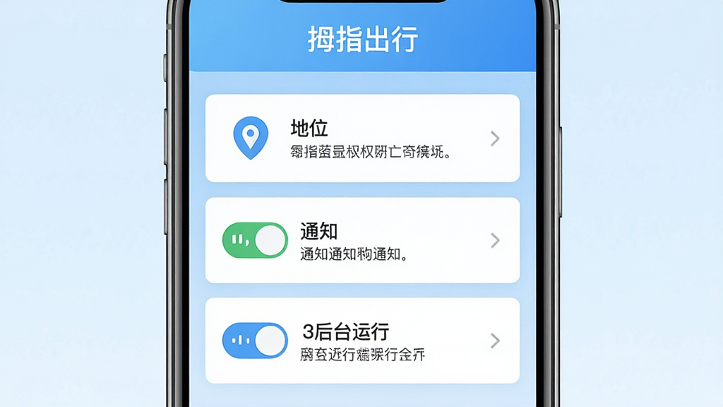 一张展示拇指出行司机端权限设置引导页面的图片,画面为手机屏幕截图风格,屏幕内显示定位、通知、后台运行三个权限开关示意图,顶部有“拇指出行”文字,布局为纵向列表,风格扁平化,细节包括权限图标与说明文字,背景为浅蓝色渐变,画质清晰,干净,无多余元素