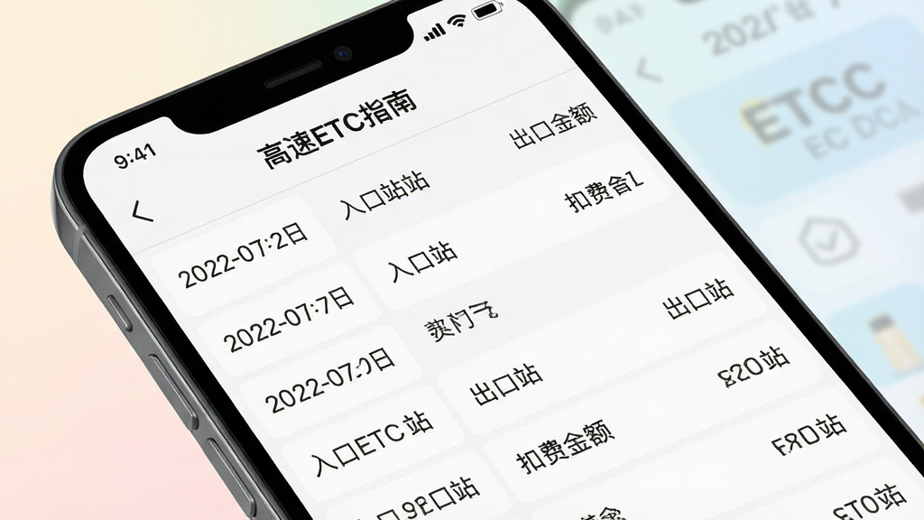 一张手机屏幕特写图,屏幕上显示“高速ETC指南”的通行记录查询页面,包含日期、入口站、出口站、扣费金额等信息列表,背景为柔和浅色,风格清爽简洁,排版整齐,画质高清,干净无多余元素