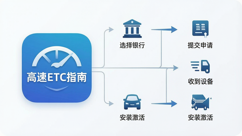 一张信息图表风格的插画,画面左侧为“高速ETC指南”应用图标,右侧以流程图形式展示ETC办理的各个步骤,包括选择银行、提交申请、收到设备、安装激活等环节,整体排版清晰,风格商务简约,细节精致,画质高清,干净无多余元素