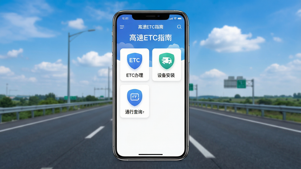 一张手机应用界面展示图,画面中央放置一部智能手机,手机屏幕上显示“高速ETC指南”应用主界面,界面包含ETC办理、设备安装、通行查询等功能图标,背景为高速公路和蓝天白云,风格简洁现代,细节清晰,画质高清,干净无多余元素