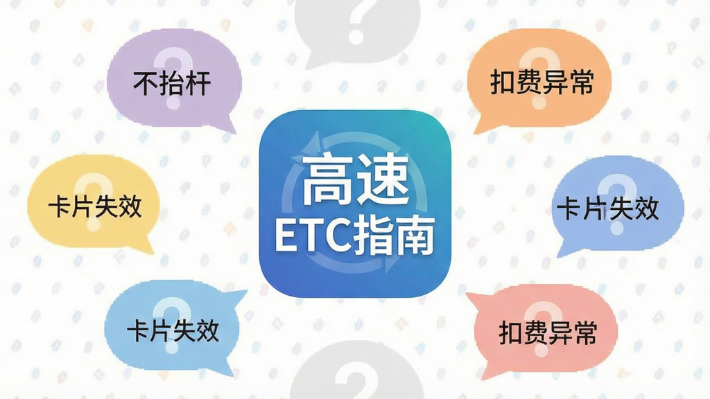 一张FAQ问答界面示意图,画面中央为“高速ETC指南”应用图标,周围环绕多个问号气泡,气泡内写有常见问题关键词如“不抬杆”“扣费异常”“卡片失效”等,风格扁平化设计,色彩柔和,排版清晰,画质高清,干净无多余元素