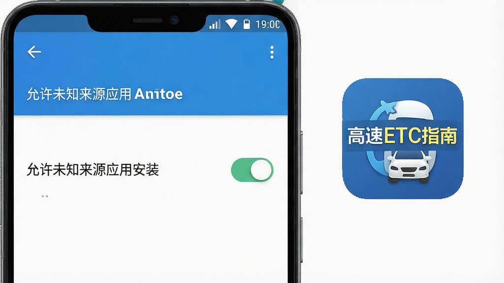 一张手机安全设置界面示意图,画面展示安卓手机“允许未知来源应用安装”的开关位置,旁边配有“高速ETC指南”应用图标,风格简洁明了,排版清晰,画质高清,干净无多余元素