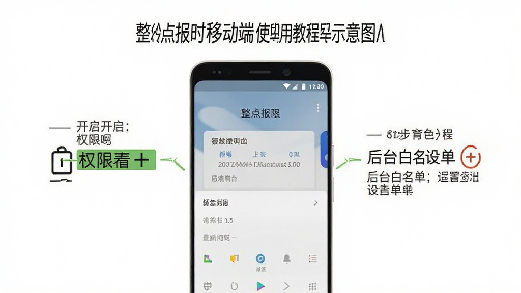 整点报时移动端使用教程示意图,画面展示安卓手机设置界面,标注权限开启和后台白名单设置步骤,风格简洁明了,画质清晰,干净无多余元素