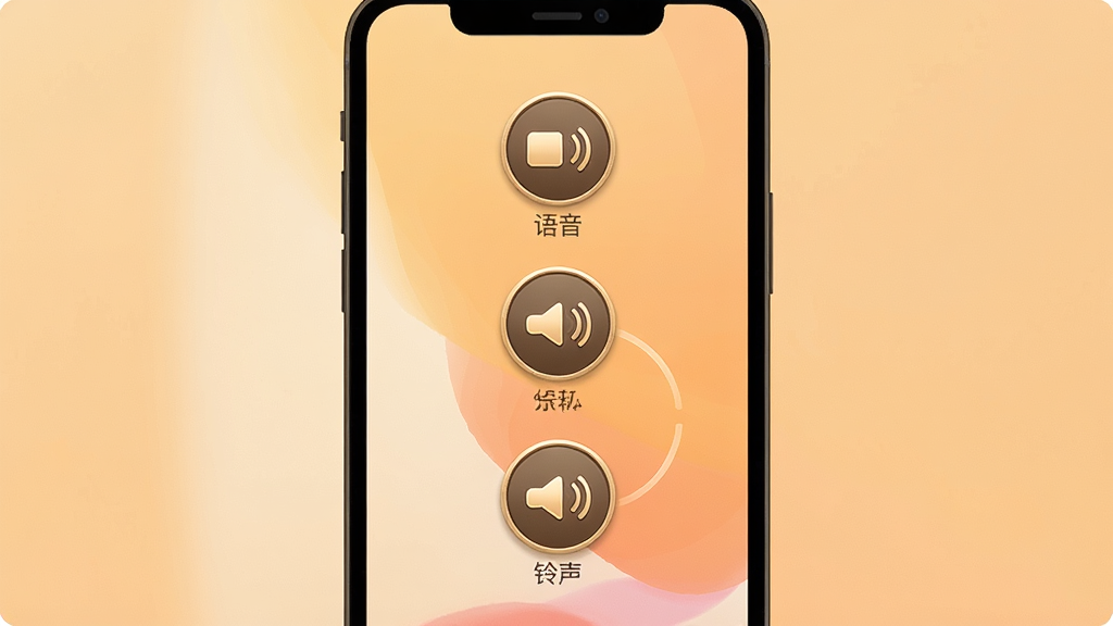 整点报时提醒模式选择界面,手机屏幕展示语音、振动、铃声三种模式图标,图标设计精美,背景为柔和的暖色调,风格温馨,画质清晰,无多余元素