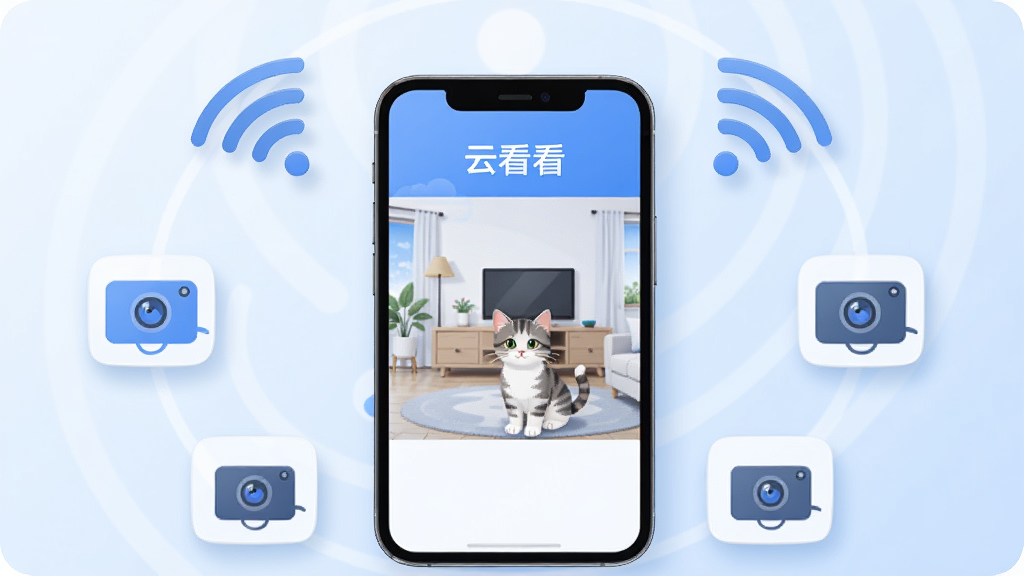 画面中央放置一部智能手机,手机屏幕显示“云看看”监控画面,画面中有客厅摄像头视角与一只小猫,手机周围环绕WiFi信号图标与摄像头图标,背景为浅蓝色渐变,布局采用居中对称排版,风格为扁平化科技插画,细节包含清晰的软件名称“云看看”文字标识、简洁的图标线条、柔和的阴影,画质高清,画面干净,无多余元素