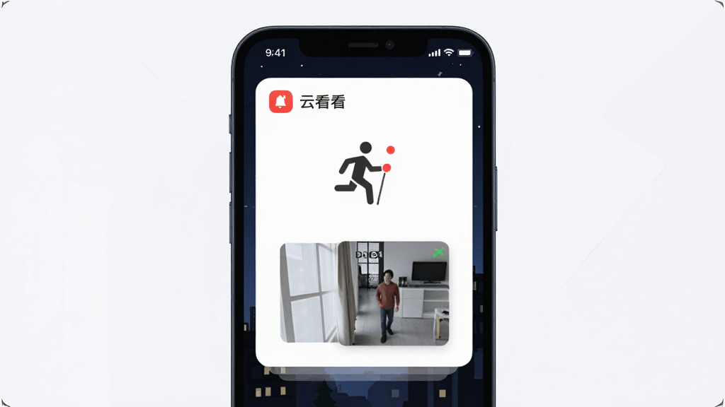 画面中央一部手机弹出“云看看”告警通知卡片,卡片上有人形移动图标与红色提示点,手机背景为深色夜间场景,布局为居中聚焦式,风格为现代扁平UI插画,细节包含“云看看”软件名称文字、告警铃铛图标、抓拍缩略图,画质高清,画面干净,无多余元素
