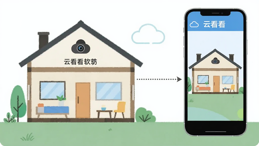 画面左侧为一座房屋的剖面图,右侧为一部手机,手机屏幕显示“云看看”实时监控画面,房屋与手机之间有虚线连接表示远程传输,布局为左右对比式,风格为清新扁平插画,细节包含“云看看”软件名称文字、摄像头图标、云朵图标,画质清晰,画面干净,无多余元素