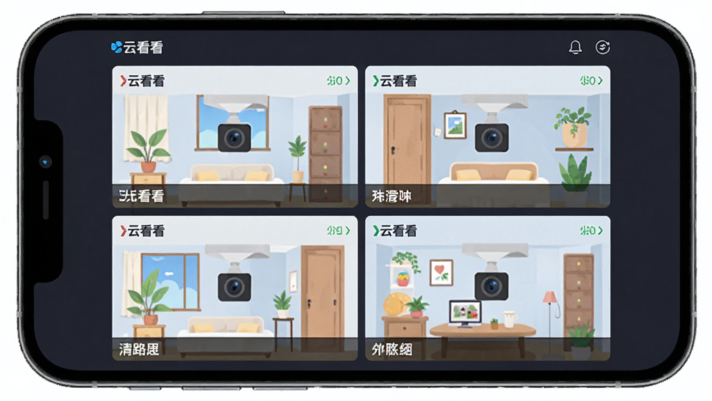画面中央为一部手机屏幕,屏幕内以网格形式排列四个“云看看”监控画面窗口,每个窗口下方标注房间名称,布局为2×2网格排版,风格为清爽扁平插画,细节包含“云看看”软件名称文字、摄像头图标、分组标签,画质高清,画面干净,无多余元素