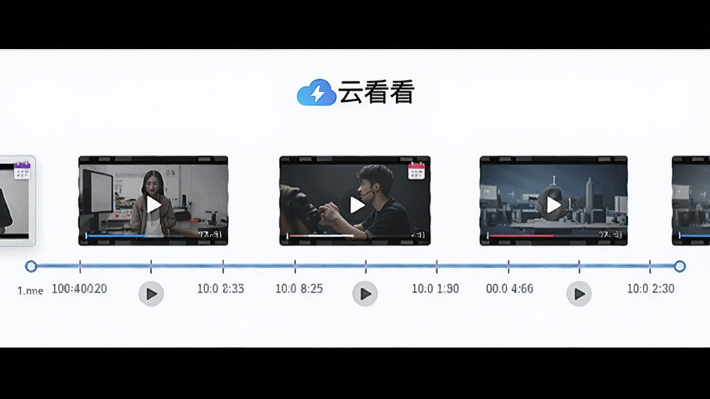 画面中央为一条横向时间轴,时间轴上分布多个录像片段缩略图,上方有“云看看”软件名称标识,布局为横向展开式,风格为简约数据可视化插画,细节包含时间刻度、播放按钮、日历图标,画质清晰,画面干净,无多余元素
