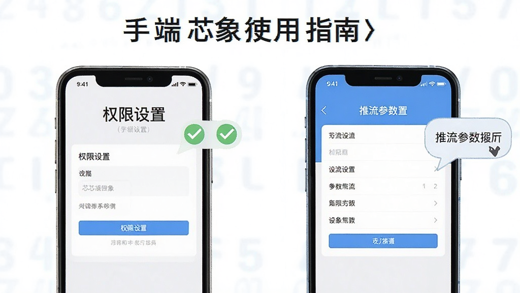 一张展示手机端芯象使用指南的示意图,画面中一部手机屏幕上显示权限设置界面和推流参数配置页面,旁边有勾选标记和提示气泡。整体风格简洁清晰,布局规整,画质干净,无多余元素。