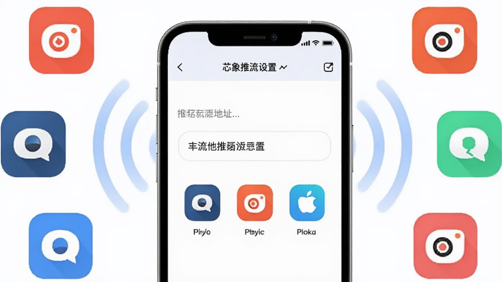 一张展示芯象推流设置界面的示意图,画面中有一部手机显示推流地址输入框和平台图标,周围有信号发射波纹指向多个直播平台Logo。整体风格简洁明快,色彩柔和,画质干净,无多余元素。