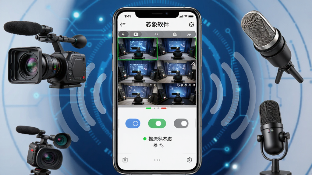 一张展示芯象软件核心功能的合成图,画面中央是一部智能手机,手机屏幕上显示芯象导播界面,包含多路视频预览窗口、切换按钮和推流状态指示。手机周围环绕着摄像机、麦克风、直播信号波纹等元素,背景为深蓝色科技感渐变。整体风格简洁专业,细节清晰,画质干净,无多余元素。