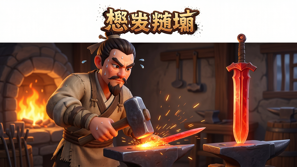 画面主体是一位古代铸剑师手持铁锤正在锻造一把通体赤红的宝剑,背景是古朴的铸剑工坊,炉火熊熊燃烧,火星四溅。布局采用中心构图,人物位于画面中央偏左,右侧为剑胚与铁砧。排版上方留白用于展示游戏标题。风格为中国古风写实与轻度卡通渲染结合,细节包括飞溅的火星、锤击的纹理、铸剑师专注的神态、汗珠与粗布衣纹。画质高清,干净,无多余元素。