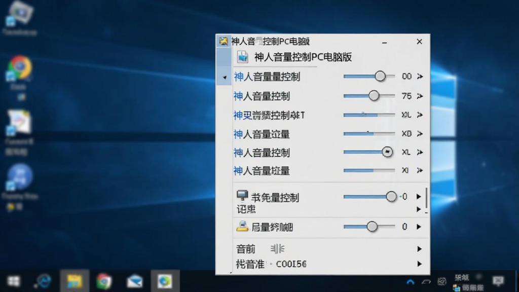 神人音量控制PC电脑版系统托盘右键菜单截图,画面显示桌面右下角托盘区域,右键菜单展开,菜单中列出当前发声程序及音量调节选项,菜单风格与Windows系统一致,背景为桌面壁纸虚化,画质清晰,文字“神人音量控制PC电脑版”显示在菜单标题处