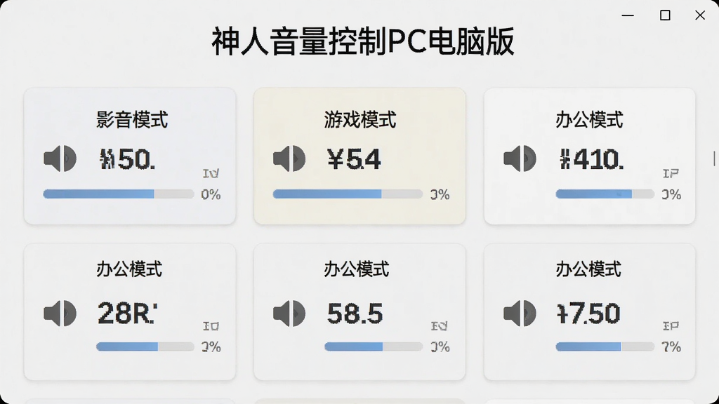 神人音量控制PC电脑版音量预设管理界面,画面展示多个预设方案卡片,卡片上标注“影音模式”“游戏模式”“办公模式”,每张卡片带有小喇叭图标和音量数值,背景为浅灰色,布局整齐,风格简约,画质干净,文字“神人音量控制PC电脑版”出现在界面顶部