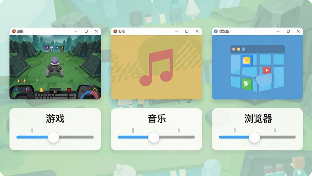 神人音量控制PC电脑版独立音量调节功能展示图,画面中并排显示三个应用程序窗口,每个窗口下方都有一个独立的音量滑块,分别标注“游戏”“音乐”“浏览器”,滑块位置各不相同,整体风格扁平化,配色清爽,画质干净,文字清晰