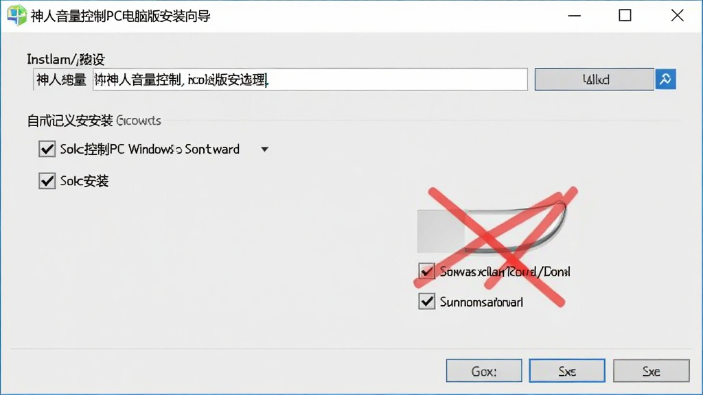 神人音量控制PC电脑版安装向导界面截图,画面显示安装路径选择和自定义安装选项,其中捆绑软件复选框被红色叉号标记,界面风格为Windows标准安装程序,背景为浅灰色,文字清晰,画质干净
