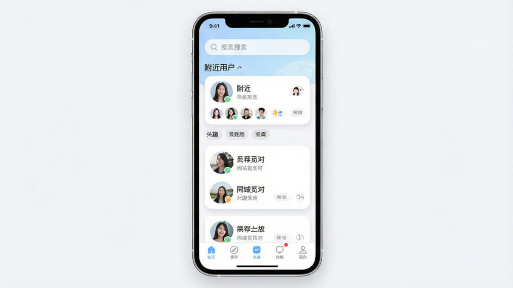 一张展示同城觅对应用界面的手机样机图,主体为居中放置的智能手机,屏幕显示同城觅对APP的首页,包含附近用户头像列表和兴趣标签。布局采用上下结构,上方为状态栏和搜索框,中部为卡片式用户推荐流,底部为导航栏。排版简洁,风格现代清新,细节包括圆角图标、柔和阴影、浅色背景。画质清晰,干净,无多余元素。