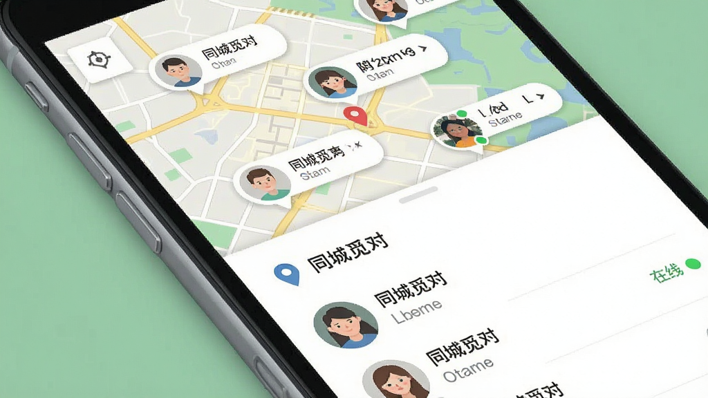 一张展示同城觅对附近的人功能的界面图,主体为手机屏幕特写,屏幕内显示地图与用户头像气泡,布局为上半部分地图,下半部分用户列表。风格为扁平化设计,细节包括定位图标、距离标签、在线状态点。画质清晰,干净,无多余元素,图片中文字“同城觅对”。