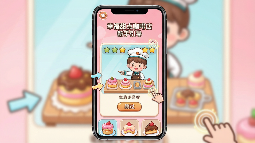 һ���Ҹ���㿧�ȵ����ֽ̳̽�����Ĳ廭������������һ�������ֻ���Ļ����Ļ����ʾ��Ϸ������������������������һλ��ͨ�곤��ɫ����ָ���������̨����Χ�м�ͷ����ָ�����Ч���������ֻ�λ�ڻ������룬��������͵ķ�ɫ���䡣�Ű�Ϊ�����ֻ�չʾ��ͼ�����Ϊ������ϷUI��ϸ�ڰ����������ֿ�������ť���������Ǻ����ͼ�ꡣ���ʸ���ɾ����޶���Ԫ�أ����������ֱ�ע���Ҹ���㿧�ȵ� ������������