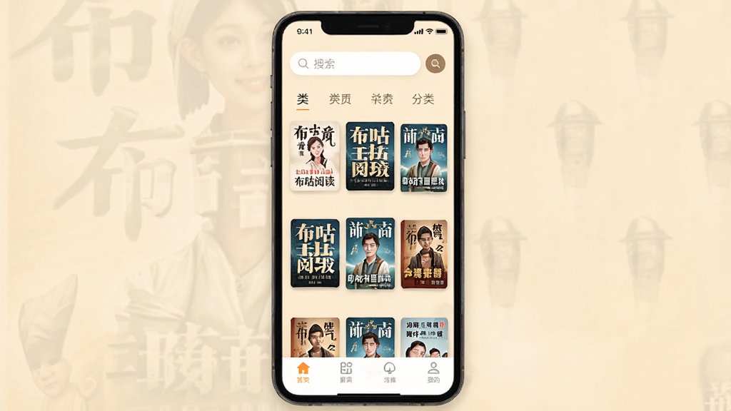 布咕阅读软件主界面展示,手机屏幕中显示书架排列整齐的小说封面,背景为柔和的米黄色护眼色调,界面布局清晰,顶部有搜索栏与分类标签,底部有导航菜单,整体风格简约清新,画质清晰干净,无多余元素