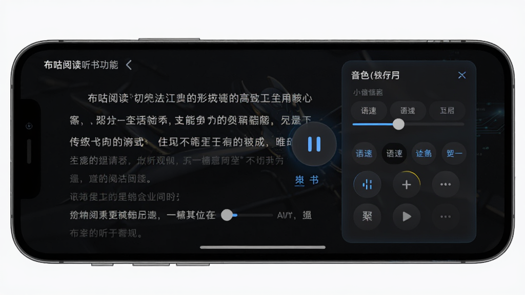 布咕阅读听书功能界面,手机横屏显示小说阅读页与听书控制面板,面板上有播放暂停按钮、语速调节滑块和音色选择列表,背景为深色模式,风格科技感十足,画质高清,干净无干扰