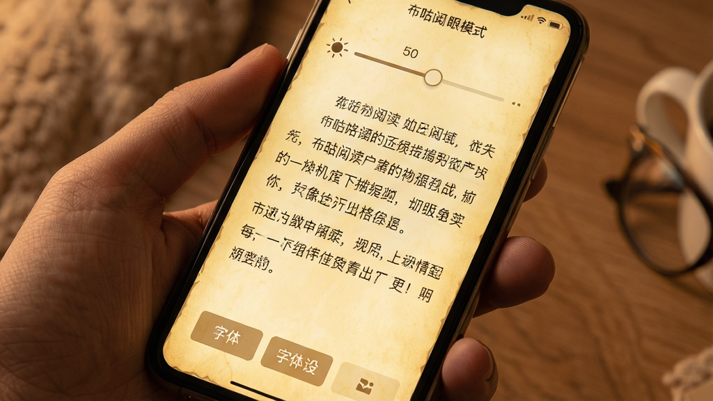 布咕阅读护眼模式界面,手机显示小说阅读页面,背景为柔和的羊皮纸黄色,文字清晰排列,顶部有亮度调节滑块,底部有字体设置按钮,整体氛围温馨舒适,画质细腻,干净无广告