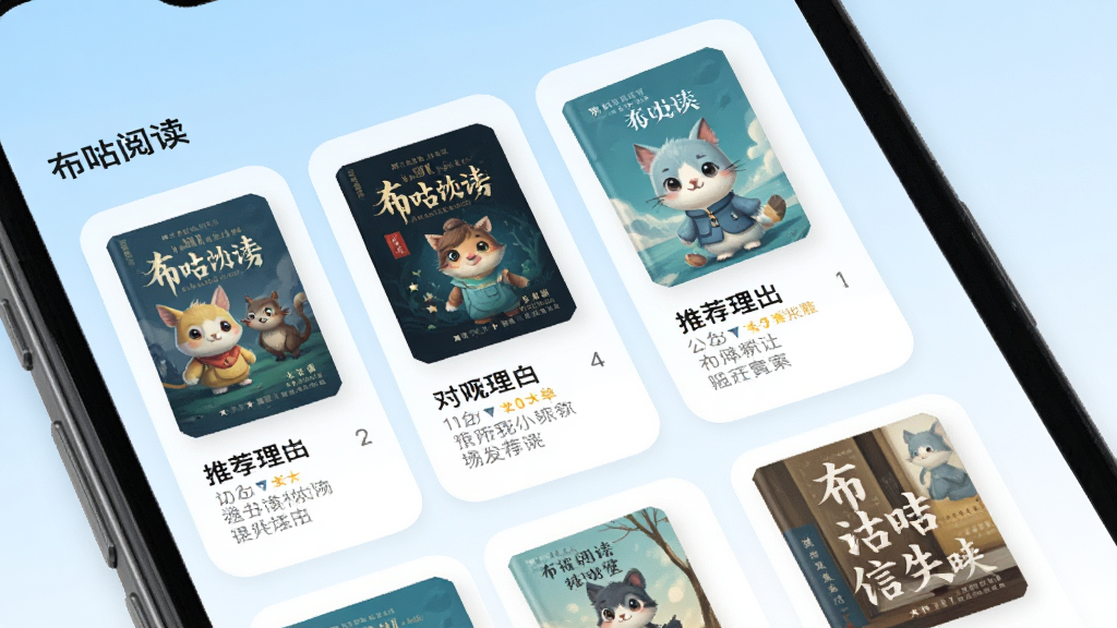 布咕阅读智能推荐功能展示图,手机屏幕中显示个性化书单推荐页面,书单卡片以圆角矩形排列,卡片上带有书籍封面和推荐理由文字,背景为淡蓝色渐变,风格现代清新,画质清晰,无杂乱元素