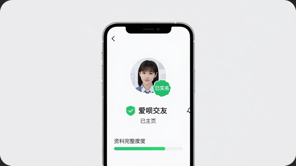 爱呗交友个人主页认证标识展示图,画面中央为手机屏幕,屏幕上显示用户头像与“已实名”绿色徽章,背景为浅灰色,布局简洁,风格商务清新,细节包含认证图标和资料完整度进度条,画质高清,干净无多余元素