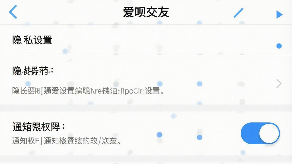 爱呗交友手机端设置页面截图,画面中展示隐私设置与通知权限开关,顶部有“爱呗交友”标题,布局为垂直选项列表,风格简洁清晰,细节包含蓝色高亮按钮和灰色说明文字,画质干净,无多余元素