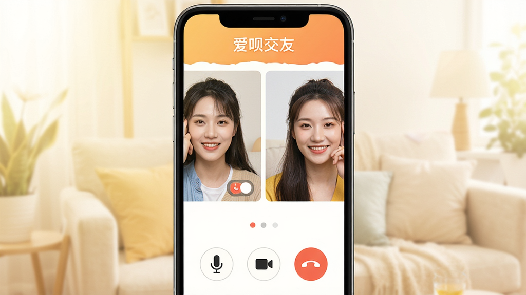 爱呗交友视频通话界面示意图,手机屏幕中显示两个人物视频窗口,下方有麦克风和摄像头控制按钮,界面顶部有“爱呗交友”字样,布局对称,风格温暖明亮,细节包含美颜开关和挂断按钮,画质清晰,干净无多余元素