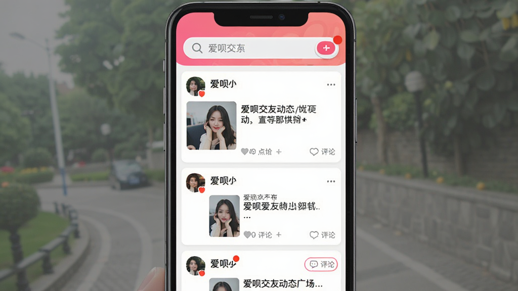 爱呗交友动态广场页面,手机屏幕中展示多条用户动态卡片,包含图片、文字和点赞评论图标,顶部有“爱呗交友”搜索栏,布局为垂直列表,风格活泼年轻,细节包含发布按钮和消息红点,画质高清,干净无多余元素