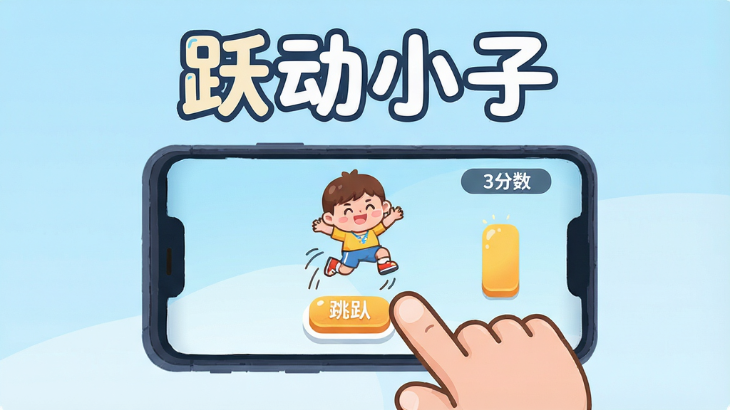 画面中央展示一只卡通手正在点击手机屏幕,屏幕中一个Q版小人正在跳跃,背景为简洁的浅蓝色渐变,手机界面清晰展示跳跃按钮与分数显示,整体风格为扁平化卡通插画,构图左右均衡,画面上方用圆润字体写出