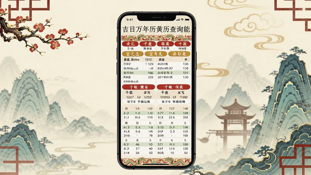 一张展示吉日万年历黄历查询功能的图片,画面中手机屏幕显示详细的黄历信息,包括宜忌列表、干支纪年等,背景为传统中国风元素,风格典雅,细节丰富,画质清晰,无多余元素