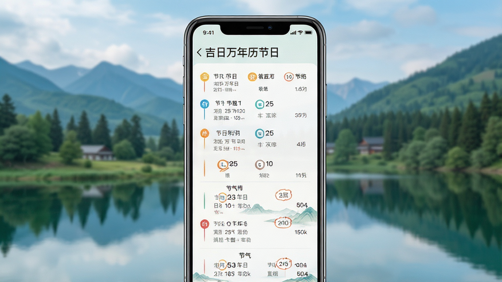 一张展示吉日万年历节日节气功能的图片,画面中手机屏幕显示节日列表和节气详情,背景为自然风景,风格清新,细节清晰,画质干净,无多余元素