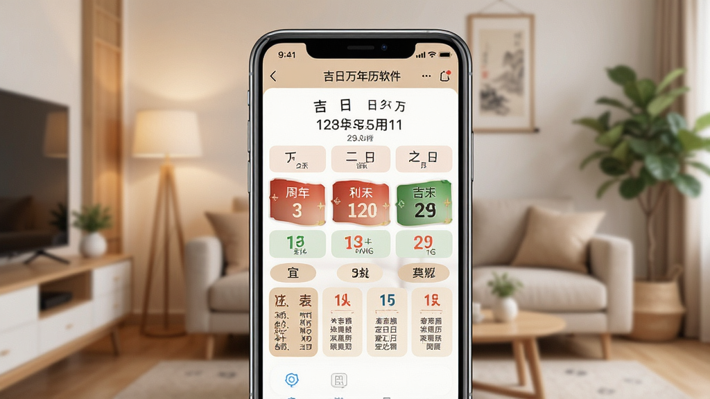 一张展示吉日万年历软件主界面的图片,画面中央是手机屏幕,屏幕显示吉日万年历应用界面,包含日期、农历信息、宜忌事项等,背景为温馨的家居环境,风格简洁现代,细节清晰,画质干净,无多余元素
