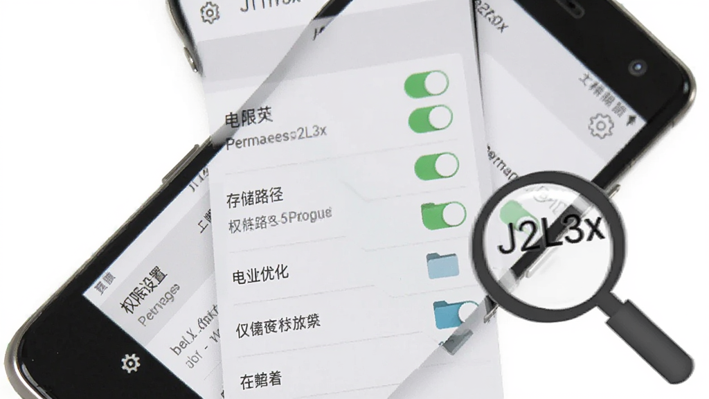 画面中央展示一部安卓手机,手机屏幕上显示J2L3x的设置界面,界面中包含权限开关、存储路径、电池优化等选项,手机旁边有一个放大镜图标指向