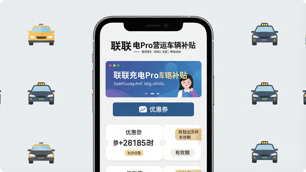 一张展示联联充电Pro营运车辆补贴活动页面的图片,画面中央为手机屏幕特写,屏幕内显示补贴活动横幅和优惠券领取按钮,背景为浅灰色,周围有出租车和网约车的小图标点缀。布局为上下结构,上方为活动标题,下方为优惠券列表。风格为清新商务扁平设计,细节包括优惠券面额数字和有效期标签,画质高清干净,无多余元素。