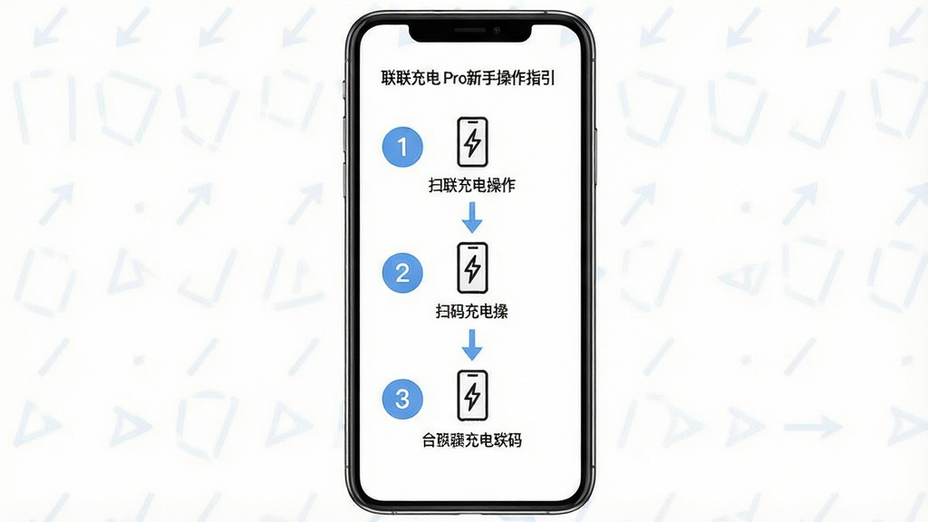 一张展示联联充电Pro新手操作指引的图片,画面主体为一部手机屏幕,屏幕内显示扫码充电操作步骤的图文引导,共三步,每步配有简洁图标和文字说明。布局为垂直步骤条结构,背景为白色,风格为清爽扁平化设计,细节包括步骤序号圆形图标和箭头连接线,画质高清干净,无多余元素。