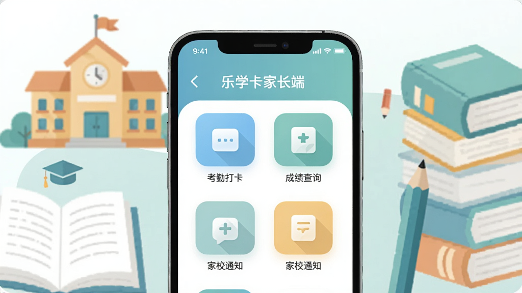 软件全貌展示图,画面中央是一部智能手机,手机屏幕上显示“乐学卡家长端”应用的主界面,主界面有考勤打卡、成绩查询、家校通知等功能图标,手机周围环绕着学校、书本、铅笔等元素,布局为横向构图,排版简洁清晰,风格为现代扁平化插画风,细节包括柔和的蓝绿色调、圆角图标、清晰的文字标签,画质高清,干净,无多余元素
