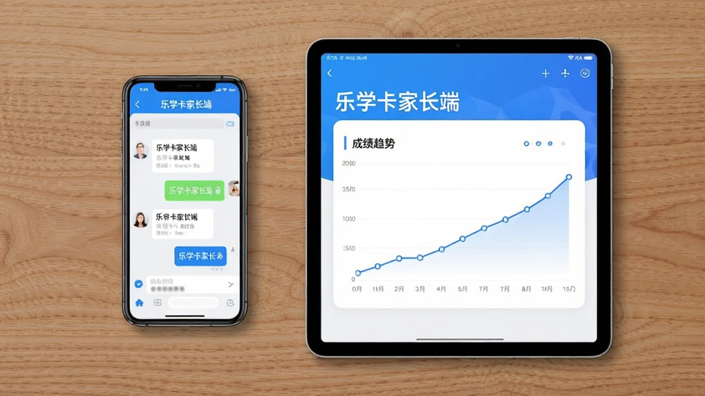 AI生图,画面主体是一部手机和一台平板电脑并排放在木质桌面上,手机屏幕显示“乐学卡家长端”的聊天界面,平板屏幕显示“乐学卡家长端”的成绩趋势图,布局为桌面俯视角度,排版左右对称,风格为简约商务风,细节包括清晰的界面文字、蓝白色调、木质纹理桌面,画质高清,干净,无多余元素