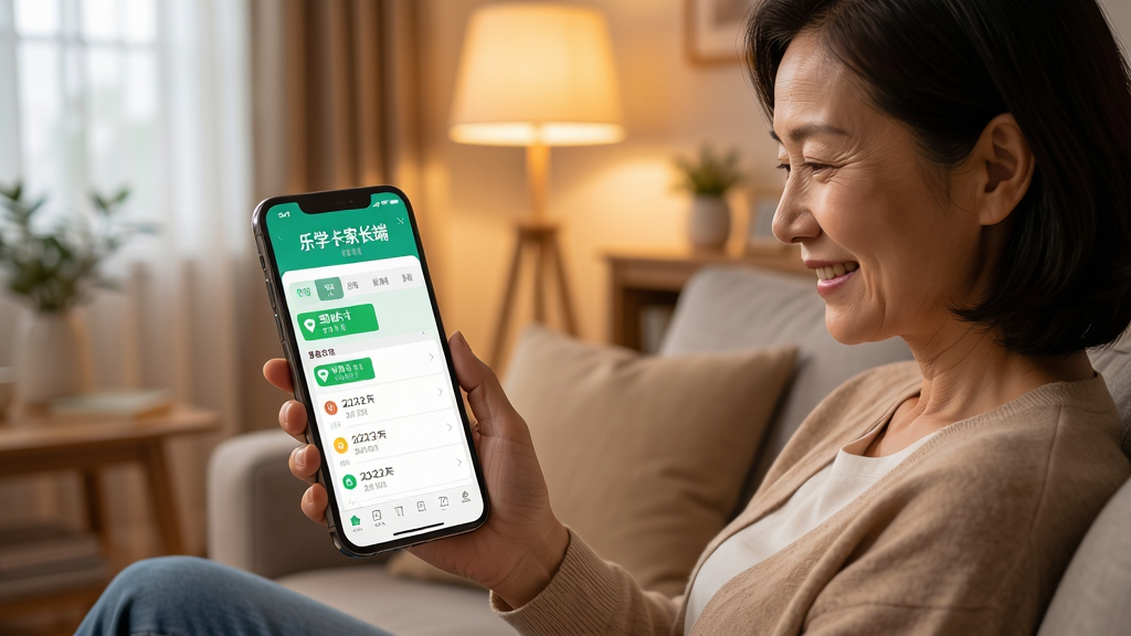 AI生图,画面主体是一位家长坐在沙发上看着手机微笑,手机屏幕上显示“乐学卡家长端”的考勤记录页面,页面中有绿色的到校打卡标记和日期列表,布局为居家场景,排版自然,风格为温馨写实风,细节包括暖色调灯光、家庭环境背景、手机界面清晰可见,画质高清,干净,无多余元素