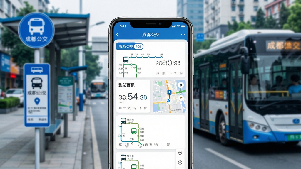 一幅展示成都公交手机应用界面的场景图,画面中央是一部竖屏智能手机,手机屏幕上显示