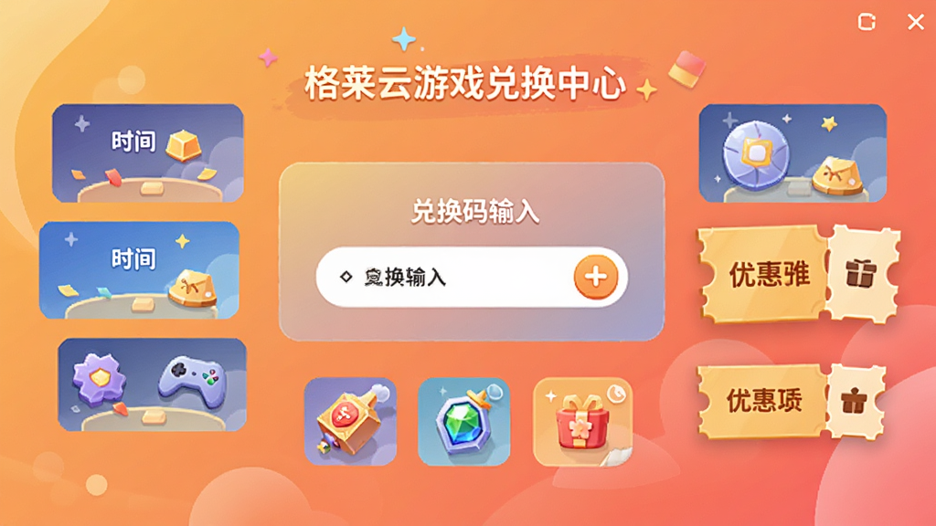 格来云游戏兑换中心界面展示,画面中央为兑换码输入框,周围环绕着时长卡片、道具图标、优惠券等元素,背景为暖色调渐变,风格为清新卡通风,布局清晰,画质细腻,无多余装饰