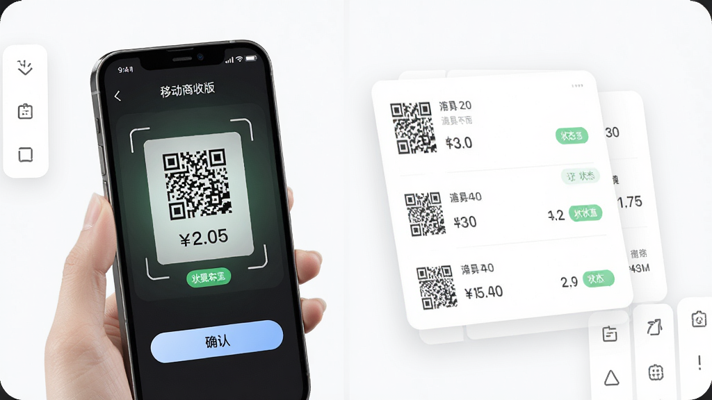 向点商业版移动收银功能展示,画面中一部手机正在扫描付款码,屏幕显示收银金额和确认按钮,旁边有订单列表浮动卡片,背景为白色简约风格,布局左右分栏,排版清晰,风格商务科技感,细节包括二维码、金额数字和状态标签,画质高清,干净,无多余元素